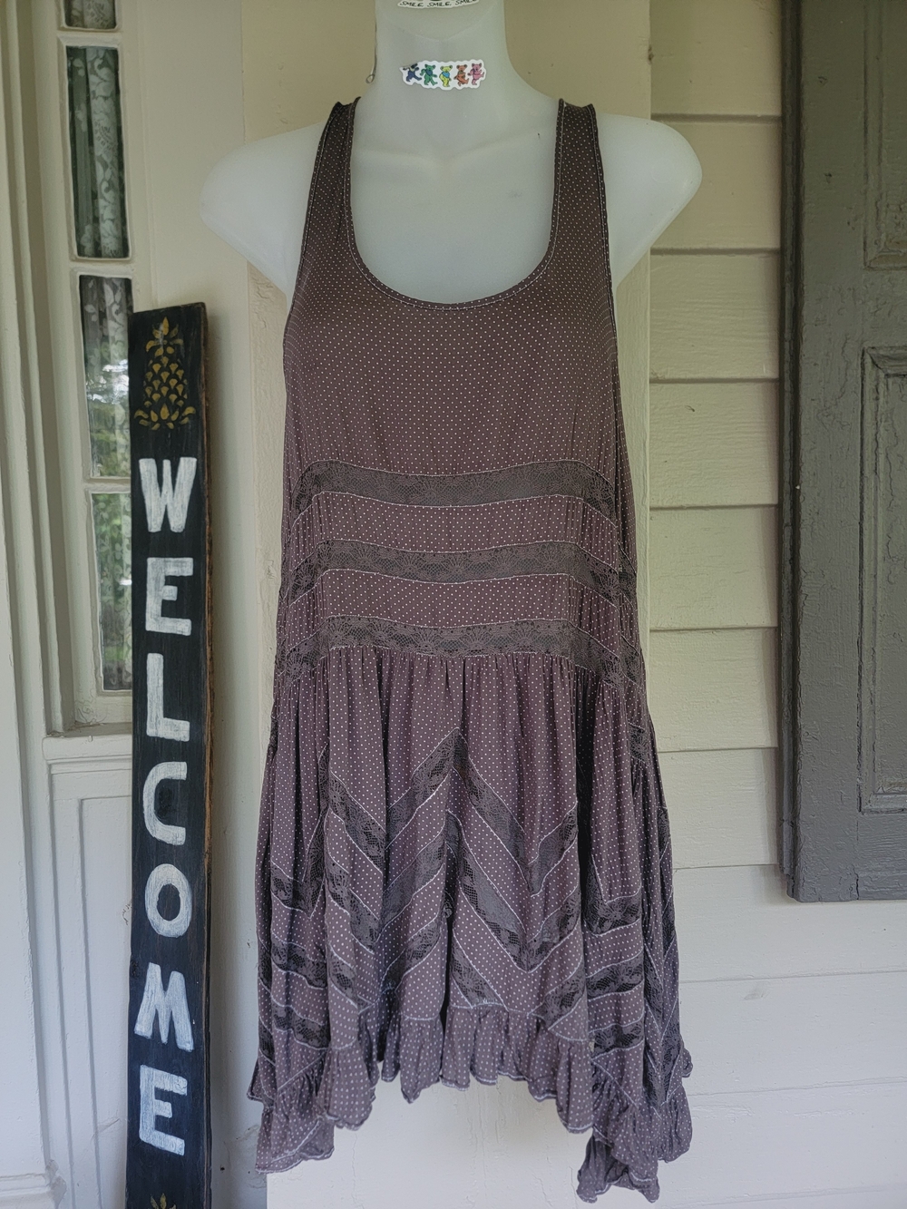 Free People Voile & Lace Tiny Dot Ruffled Mini Slip Dress BROWN On brown